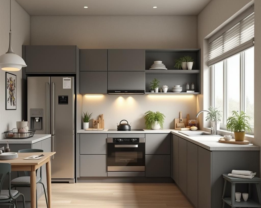 Cocina moderna con electrodomésticos y muebles grises